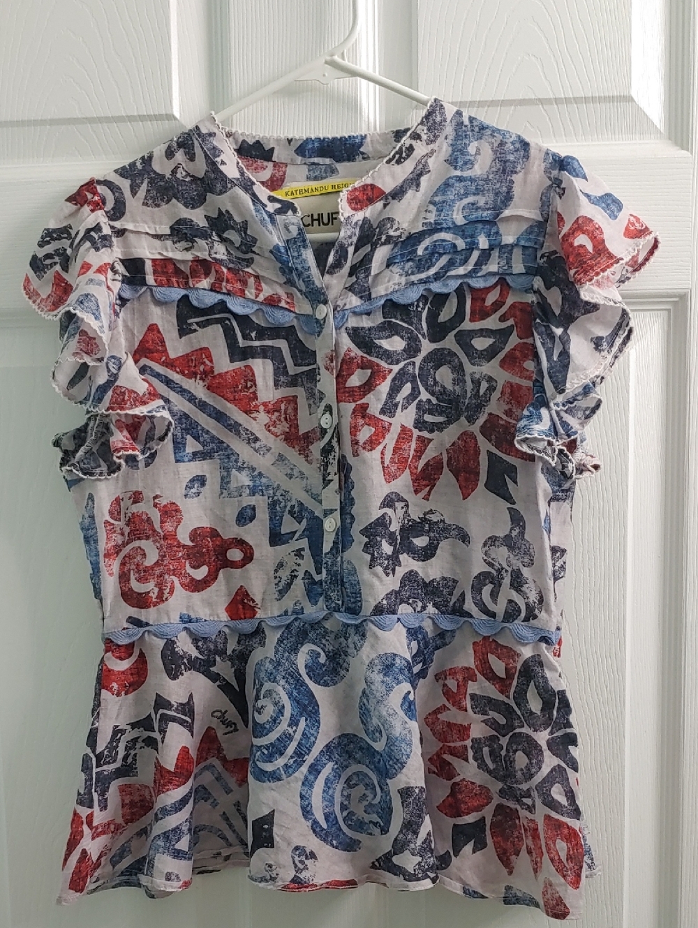 CHUFY Kathmandu Heights Shirt Silk Cotton Blend Red Blue Ruffle Sleeves Size M